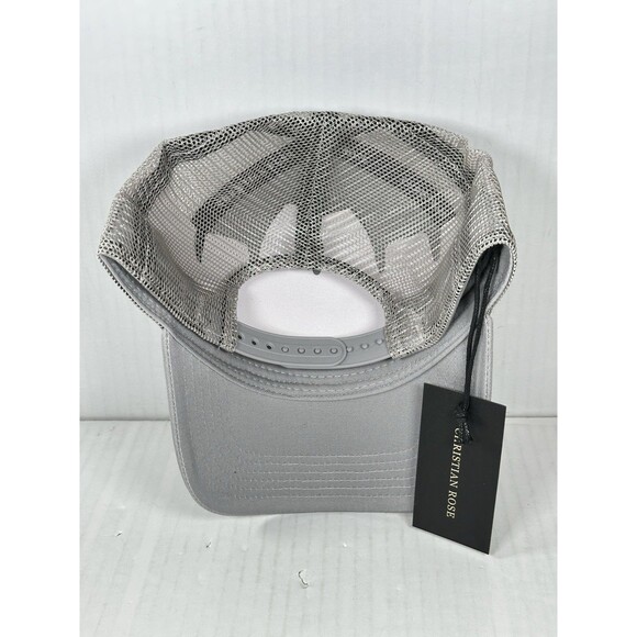 Christian Rose Iconic II Plate Trucker Cap | Cruise Fashion Christian Rose Iconic II London Mesh Trucker Hat Cap Plate Stone Gray Gold NWT